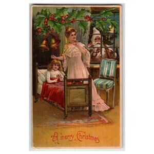 Vintage Embossed Christmas Postcard White Coat Santa Claus Praying Child 1909